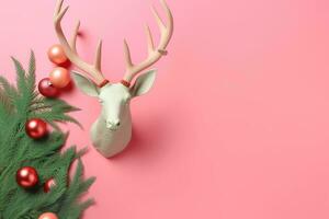 ai generado Navidad decoración con ciervo cabeza en rosado antecedentes foto