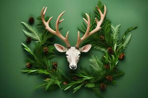 AI generated christmas wreath with deer head and green leaves photo