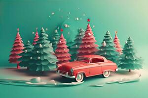 AI generated a red car is driving through the snow with trees photo