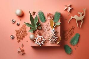 AI generated paper cutout of christmas decorations on a pink background photo