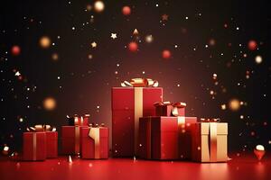 AI generated christmas gift boxes on a red background photo