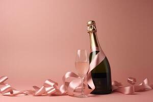 AI generated champagne bottle and glass on pink background photo