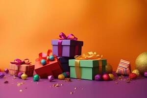 AI generated colorful gift boxes on orange background photo