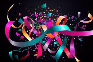 AI generated vector illustration of colorful ribbons and confetti on black background photo