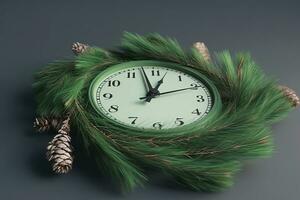 AI generated a clock with green pine branches and cones photo