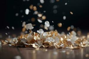 AI generated golden confetti falling on a wooden table photo