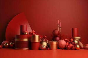 AI generated christmas decorations on red background 3d rendering photo