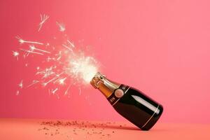 AI generated a bottle of champagne with sparklers on a pink background photo