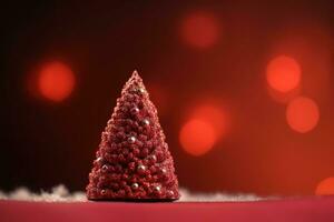 ai generado un pequeño Navidad árbol es sentado en un rojo antecedentes foto