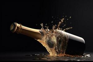 AI generated champagne bottle with splash on black background photo