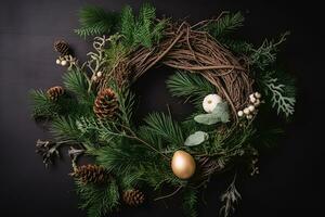 AI generated christmas wreath with pine cones and golden egg on black background photo