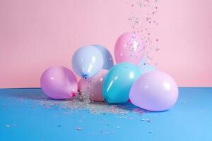 AI generated balloons and confetti on a blue background photo