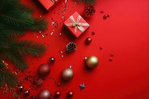AI generated christmas decorations on red background photo