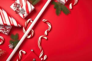 ai generado Navidad antecedentes con caramelo bastones y regalos foto