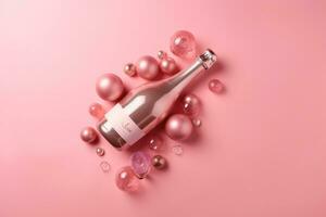 AI generated a bottle of champagne surrounded by pink bubbles photo