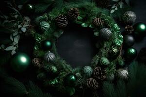 AI generated christmas wreath with green balls and pine cones on a black background photo