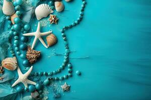 AI generated sea shells and pearls on a blue background photo