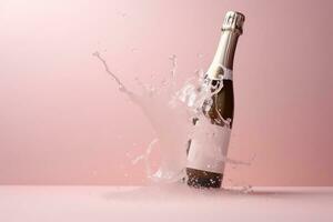 AI generated a bottle of champagne splashing water on a pink background photo