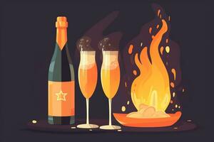 AI generated champagne and two glasses of wine on a table with a fire photo