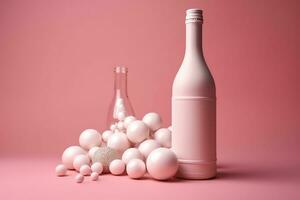 AI generated a bottle of wine and some white balls on a pink background photo