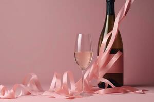 AI generated a bottle of champagne and a glass of pink wine on a pink background photo