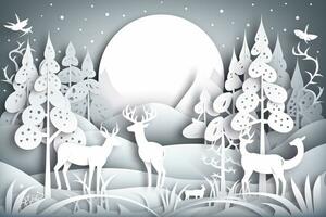 AI generated paper art of deer, deer, and birds in the forest photo