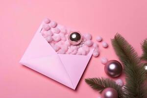 AI generated an open envelope with christmas decorations on a pink background photo
