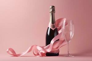 AI generated champagne bottle and glass on pink background photo