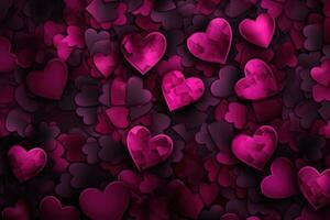 ai generado muchos rosado corazones son dispersado en un negro antecedentes foto