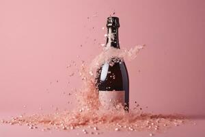 AI generated a bottle of champagne is splashed with pink powder photo