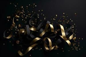 AI generated golden ribbon and confetti on black background photo