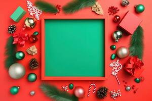 ai generado Navidad decoraciones en un rojo antecedentes con un verde marco foto