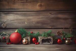 AI generated christmas decorations on wooden background photo