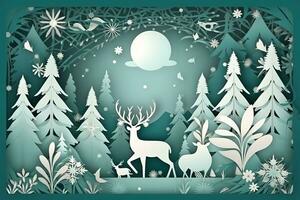 AI generated paper cut of deer and forest scene with moon and stars photo