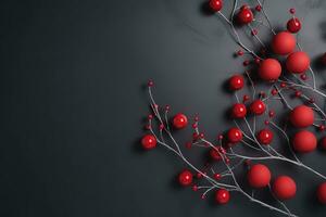 AI generated a branch with red berries and leaves on a black background photo