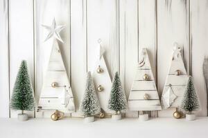 AI generated white christmas trees on wooden background photo