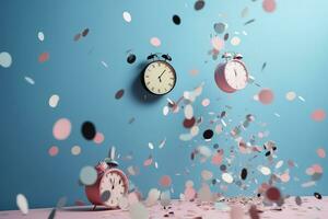 AI generated confetti falling from a clock on a blue background photo