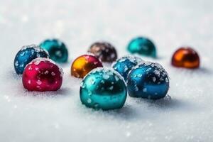 AI generated christmas balls in the snow photo