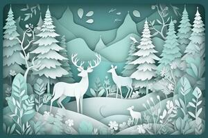 AI generated paper art of deer and forest scene photo