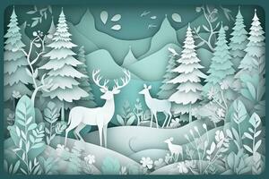 AI generated paper art of deer and forest scene photo