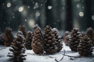 ai generado pino conos en el nieve foto