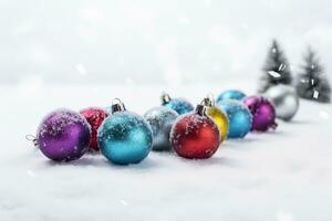 AI generated christmas balls in the snow photo