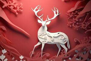 AI generated christmas paper art deer on red background photo