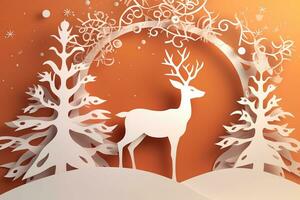 AI generated christmas paper art deer in the forest photo