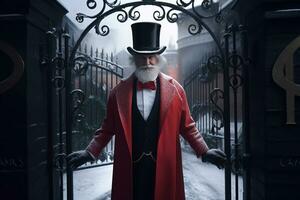 AI generated a man in a red coat and top hat standing in front of an iron gate photo