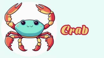 Educational animation introduction to animal names, Crab animal 4k resolution. video