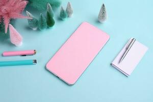 AI generated pink iphone xr case with pen, notebook, and tree photo
