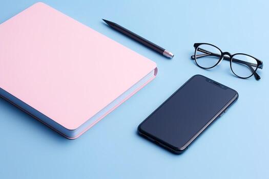AI generated a notebook, glasses, and smartphone on a blue background photo