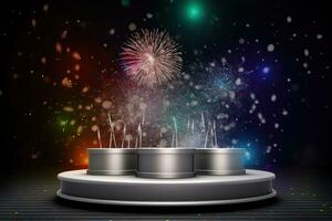 AI generated fireworks on a table with two cans photo