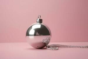ai generado un plata Navidad ornamento en un rosado antecedentes foto